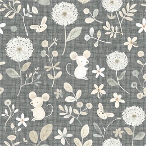 Cute Little Field Mice in Field of Dandelion Flowers Floral Pastel Nursery Baby Toddler Woodland Woven Distressed Fabric Dark Gray Cream Black