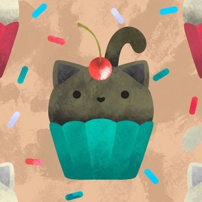 (Large Scale) Cute Cat Cupcake Kitty Kawaii Aesthetic Pattern With Sprinkles And Cherries (Light Background)
