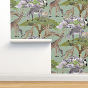The Serengeti Collection - Wildlife Families -  Watercolor Toile Design with Pen & Ink on Sage (Large Format)
