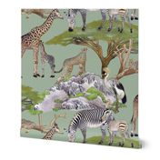 The Serengeti Collection - Wildlife Families -  Watercolor Toile Design with Pen & Ink on Sage (Large Format)
