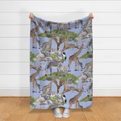 The Serengeti Collection - Wildlife Families -  Watercolor Toile Design with Pen & Ink on Faded Denim (Large Format)