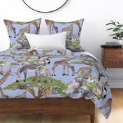 The Serengeti Collection - Wildlife Families -  Watercolor Toile Design with Pen & Ink on Faded Denim (Large Format)