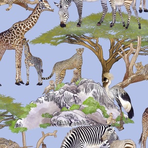 The Serengeti Collection - Wildlife Families -  Watercolor Toile Design with Pen & Ink on Faded Denim (Large Format)