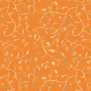 6” repeat small Whimsical scrolls of leaves and buds with faux woven burlap texture in orange peachy with cream and green