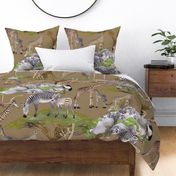 The Serengeti Collection - Wildlife Families -  Watercolor Toile Design with Pen & Ink on Earth (Large Format)