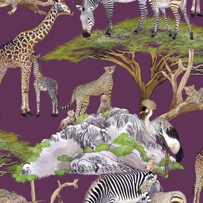The Serengeti Collection - Wildlife Families -  Watercolor Toile Design with Pen & Ink on Plum (Large Format)