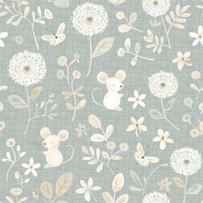 Cute Little Field Mice in Field of Dandelion Flowers Floral Pastel Nursery Baby Toddler Woodland Woven Distressed Fabric Gray Beige White 