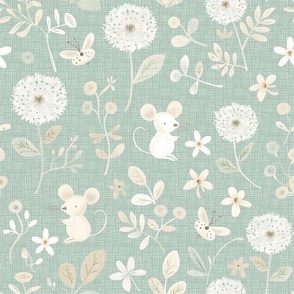 Cute Little Field Mice in Field of Dandelion Flowers Floral Pastel Nursery Baby Toddler Woodland Woven Distressed Fabric Mint Green Beige