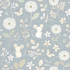 Cute Little Field Mice in Field of Dandelion Flowers Floral Pastel Nursery Baby Toddler Woodland Woven Distressed Fabric Blue White 