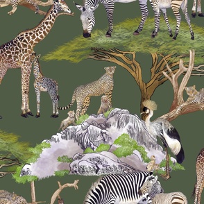 The Serengeti Collection - Wildlife Families -  Watercolor Toile Design with Pen & Ink on Oasis Green (Large Format)