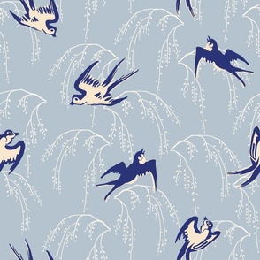 Jumbo Dance of the Martins / birds flying on cherry trees in indigo, gray, white