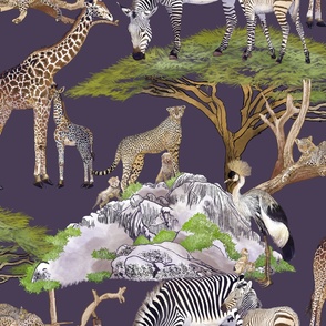 The Serengeti Collection - Wildlife Families -  Watercolor Toile Design with Pen & Ink on Deepest Purple (Large Format)
