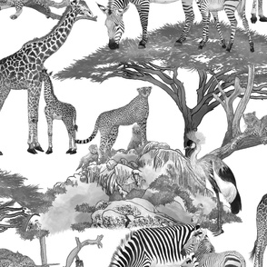 The Serengeti Collection - Wildlife Families -  Toile Design in Pen & Ink + Watercolor Style on White (Large Format)
