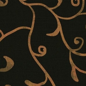 24” repeat large Whimsical scrolls of leaves and buds with faux woven burlap texture in gold sand yellow black