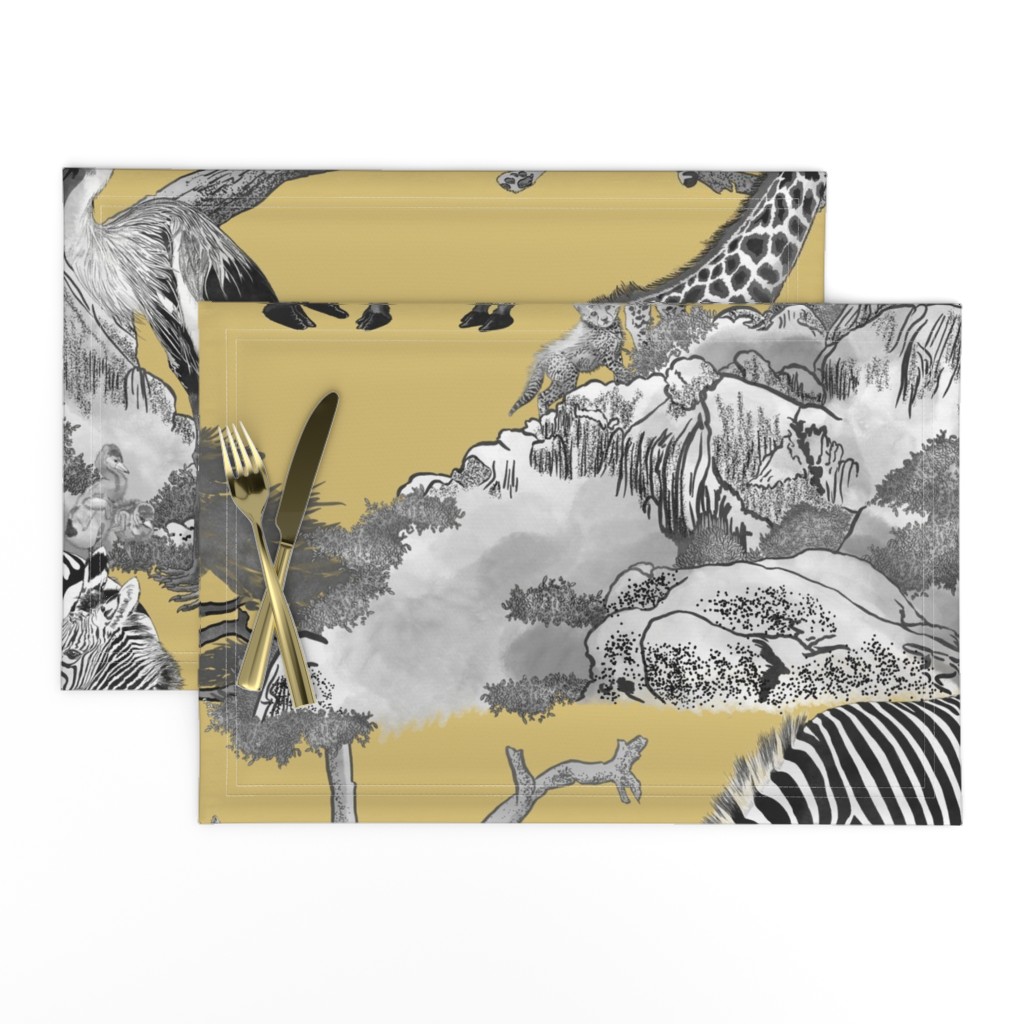 The Serengeti Collection - Wildlife Families -  Toile Design in Pen & Ink + Watercolor Style on Dijon (Large Format)
