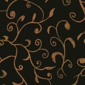 12” repeat medium Whimsical scrolls of leaves and buds with faux woven burlap texture in gold sand yellow black