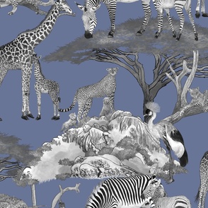 The Serengeti Collection - Wildlife Families -  Toile Design in Pen & Ink + Watercolor Style on Denim (Large Format)