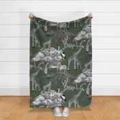 The Serengeti Collection - Wildlife Families -  Toile Design in Pen & Ink + Watercolor Style on Oasis Green (Large Format)