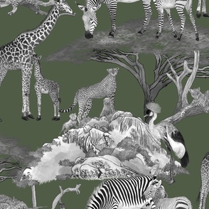 The Serengeti Collection - Wildlife Families -  Toile Design in Pen & Ink + Watercolor Style on Oasis Green (Large Format)