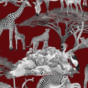 The Serengeti Collection - Wildlife Families -  Toile Design in Pen & Ink + Watercolor Style on Crimson (Large Format)