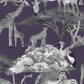 The Serengeti Collection - Wildlife Families -  Toile Design in Pen & Ink + Watercolor Style on Deepest Purple (Large Format)