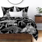 The Serengeti Collection - Wildlife Families -  Toile Design in Pen & Ink + Watercolor Style on Black (Large Format)