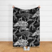 The Serengeti Collection - Wildlife Families -  Toile Design in Pen & Ink + Watercolor Style on Black (Large Format)