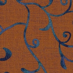 24” repeat large Whimsical scrolls of leaves and buds with faux woven burlap texture in deep ochre brown with denim blue vines