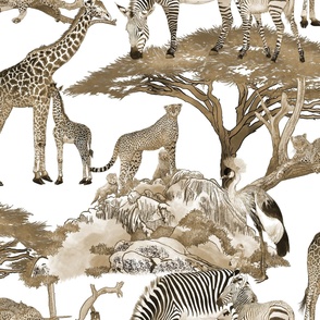 The Serengeti Collection - Wildlife Families -  Dark Earth (Brown) Art Toile on White (Large Format)