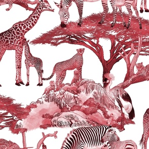 The Serengeti Collection - Wildlife Families -  Dark Crimson Art Toile on White (Large Format)