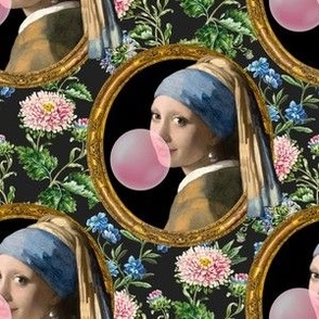 Girl with the Pearl Earring Floral Charcoal Background 