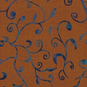 12” repeat medium Whimsical scrolls of leaves and buds with faux woven burlap texture in deep ochre brown with denim blue vines