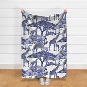 The Serengeti Collection - Wildlife Families -  Dark Blue Art Toile on White (Large Format)