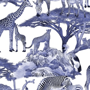 The Serengeti Collection - Wildlife Families -  Dark Blue Art Toile on White (Large Format)