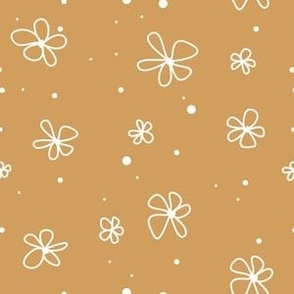 Hand-Drawn White Flowers on Caramel 6in x 6in