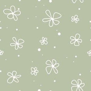 Hand-Drawn White Flowers on Sage Green 6in x 6in