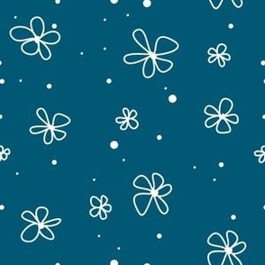 Hand-Drawn White Flowers on Teal 6in x 6in