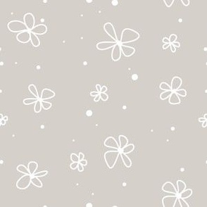 Hand-Drawn White Flowers on Warm Grey 6in x 6in