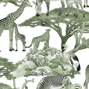The Serengeti Collection - Wildlife Families -  Dark Green Art Toile on White (Large Format)