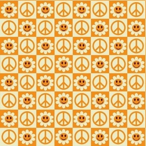 Checkered White smiling Flowers and orange peace signs- Extra Small 