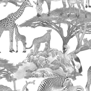 The Serengeti Collection - Wildlife Families -  Grey Art Toile on White (Large Format)