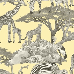 The Serengeti Collection - Wildlife Families -  Grey Art Toile on Pale Yellow (Large Format)