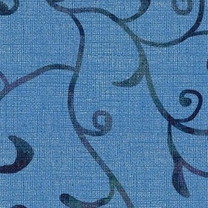 24” repeat large Whimsical scrolls of leaves and buds with faux woven burlap texture in denim blue with green violet  vines