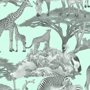 The Serengeti Collection - Wildlife Families -  Grey Art Toile on Mint (Large Format)