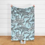 The Serengeti Collection - Wildlife Families -  Grey Art Toile on Lightest Blue (Large Format