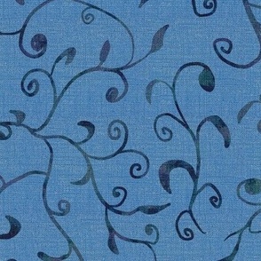 12” repeat medium Whimsical scrolls of leaves and buds with faux woven burlap texture in denim blue with green violet  vines