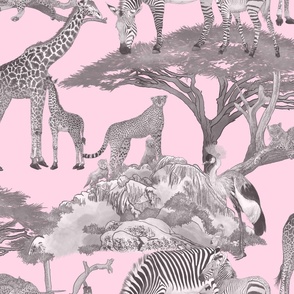 The Serengeti Collection - Wildlife Families -  Grey Art Toile on Pink (Large Format)