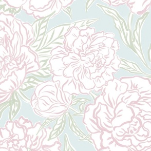 Large - Painted peonies - Light blue pink and green - soft coastal - painted floral - artistic light blue painterly floral fabric - spring garden preppy floral - girls summer dress bedding wallpaper