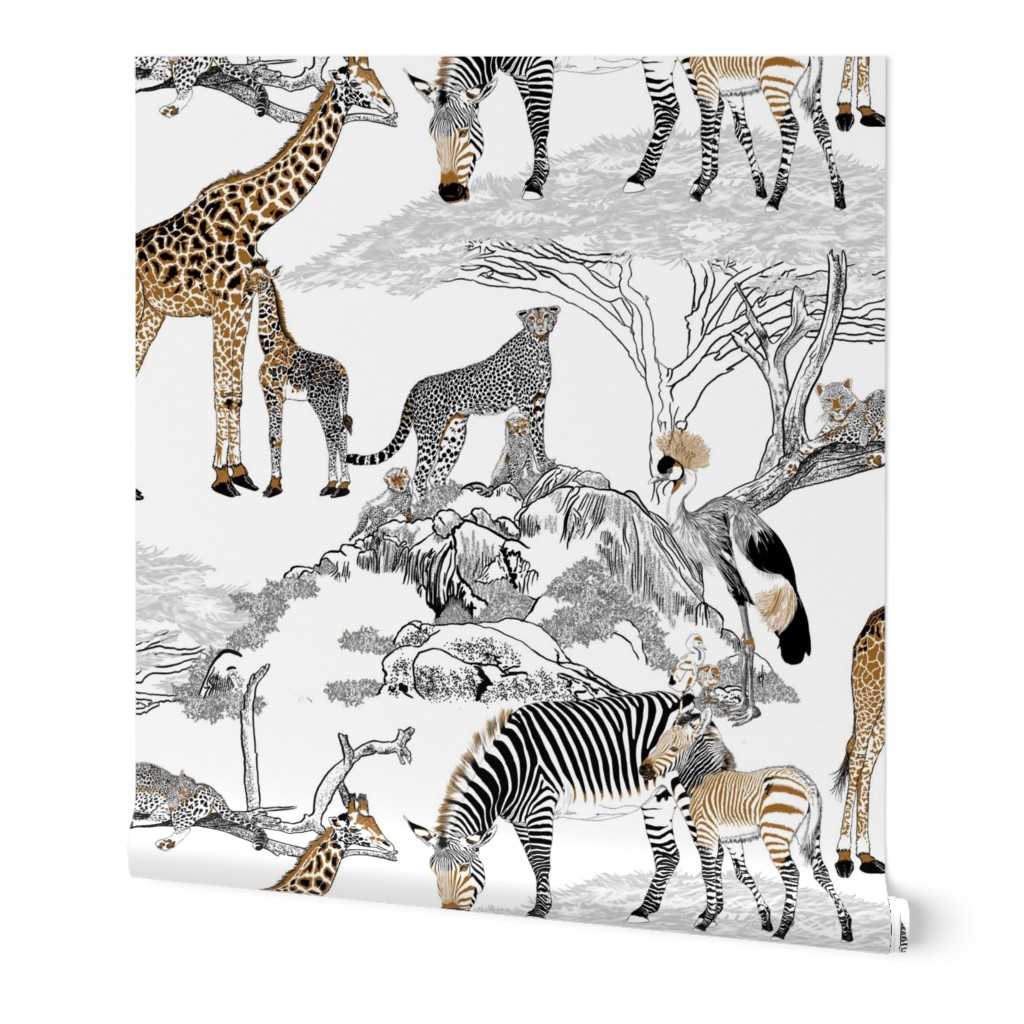 The Serengeti Collection - Wildlife Families - Brown, Black & White  Color Blocks, Pen & Ink Style on White (Large Format)
