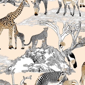 The Serengeti Collection - Wildlife Families - Brown, Black & White  Color Blocks, Pen & Ink Style on Beige (Large Format)